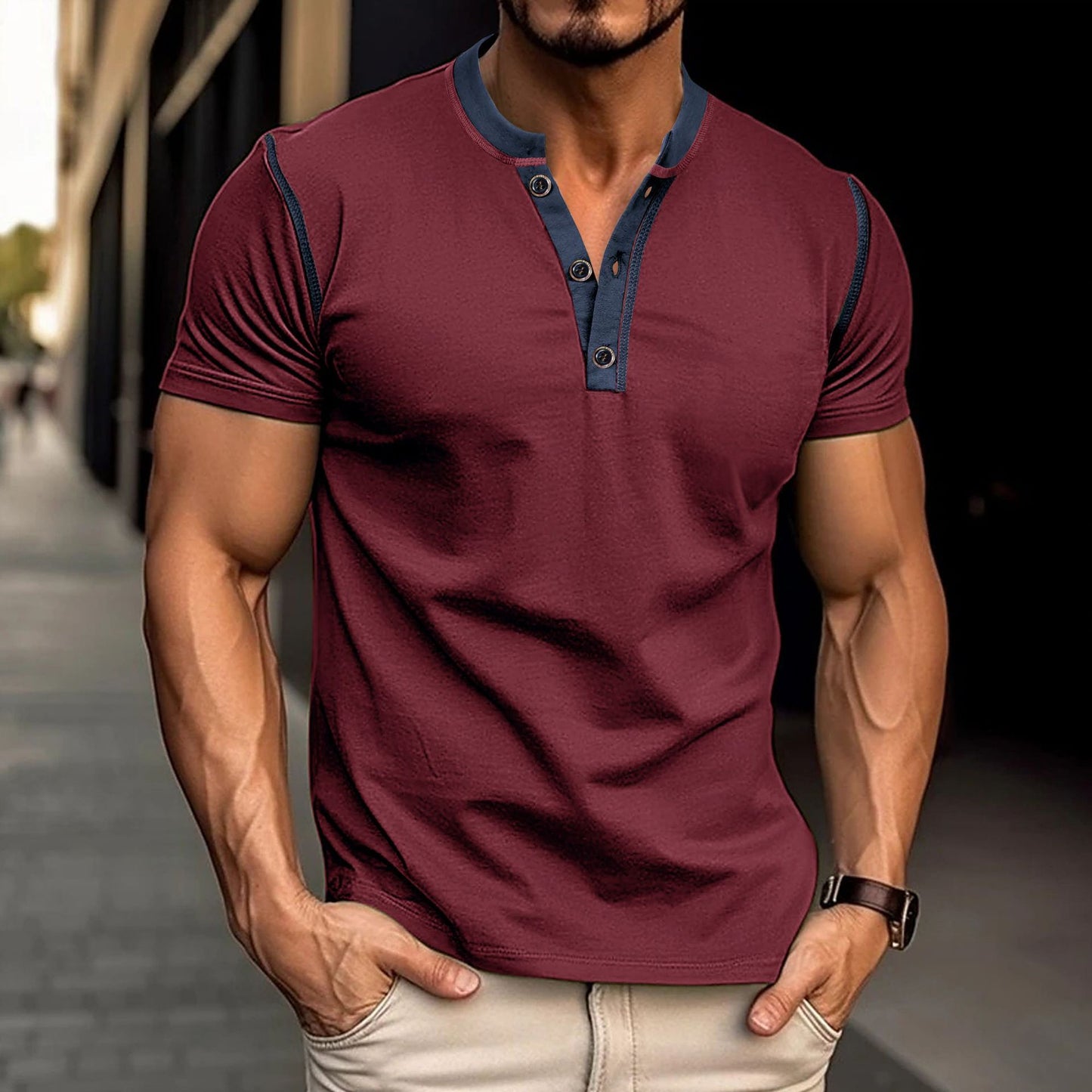 Fashion Short-sleeved Polo Shirt Summer Button V-neck T-shirt Tops Mens Clothing - Dannycart